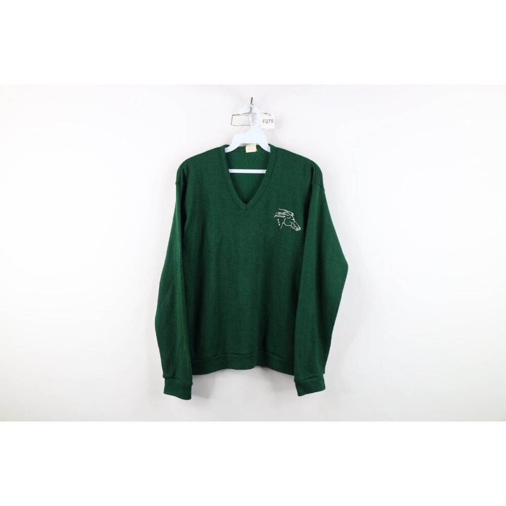 Vintage 70s Streetwear Womens Medium Knit Horse Mustang V-Neck Sweater Green USA